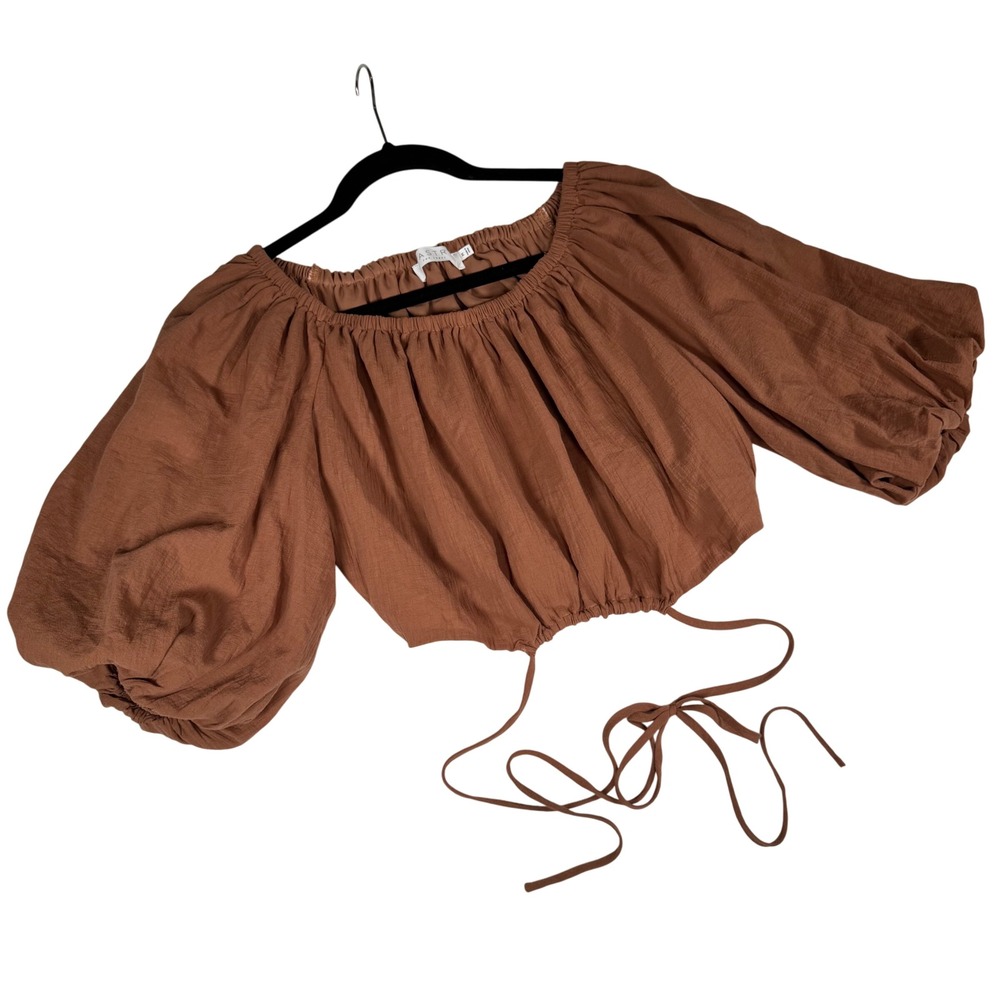 ASTR The Label Brown Off Shoulder Cropped Puff Sleeve‎ Tie Front Top Size M